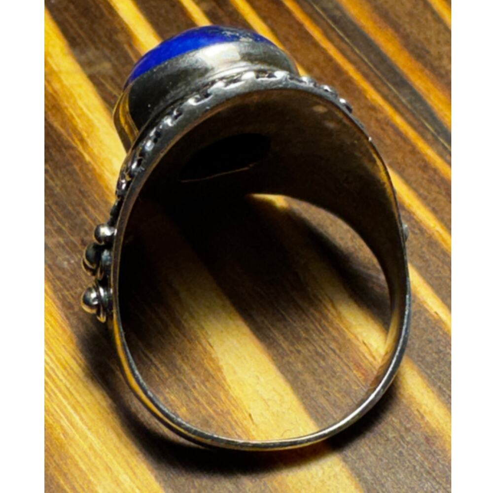 925 Sterling Silver Vintage Real Cabochon Lapis Lazuli Swirl Ring Size 10 - Picture 4 of 4